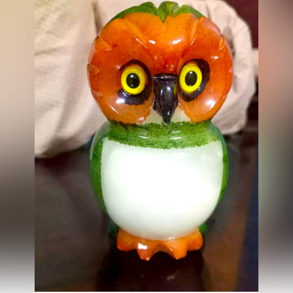 Rare Genuine Alabaster heavy Paperweight Owl By Ducceschi (Glows)